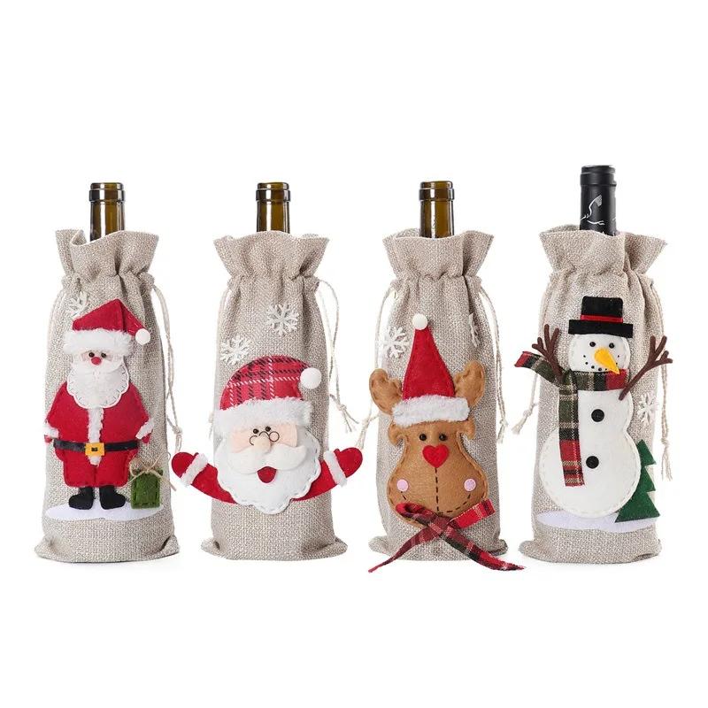 Vánoční Sněhulák Santa Claus Láhev vína Dárkové balení Jutový sáček Pytlík Pytlovina Vánoční obal na láhev vína Sáček Vánoční ozdoby