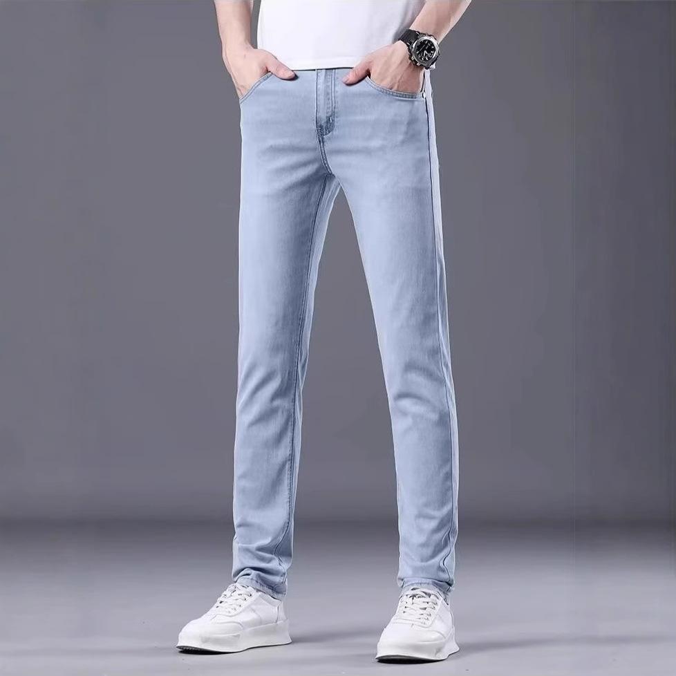 Summer thin smoke gray jeans men's slim straight trendy brand men's elastic pants versatile casual long pants