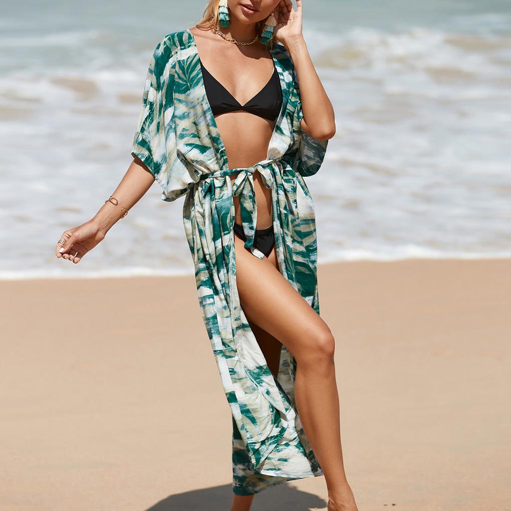 Women Bikini Cover Up Beautiful Printing Half Sleeves Waist Strap Sun Protection Front Open Coat Green Free Size