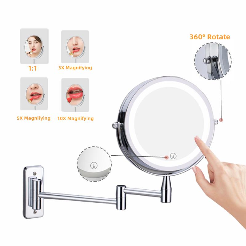 Wall Mounted Folding Arm Extend Bathroom Mirror With LED Light 10X Magnification Double Side Touch Dimming Makeup Mirrors