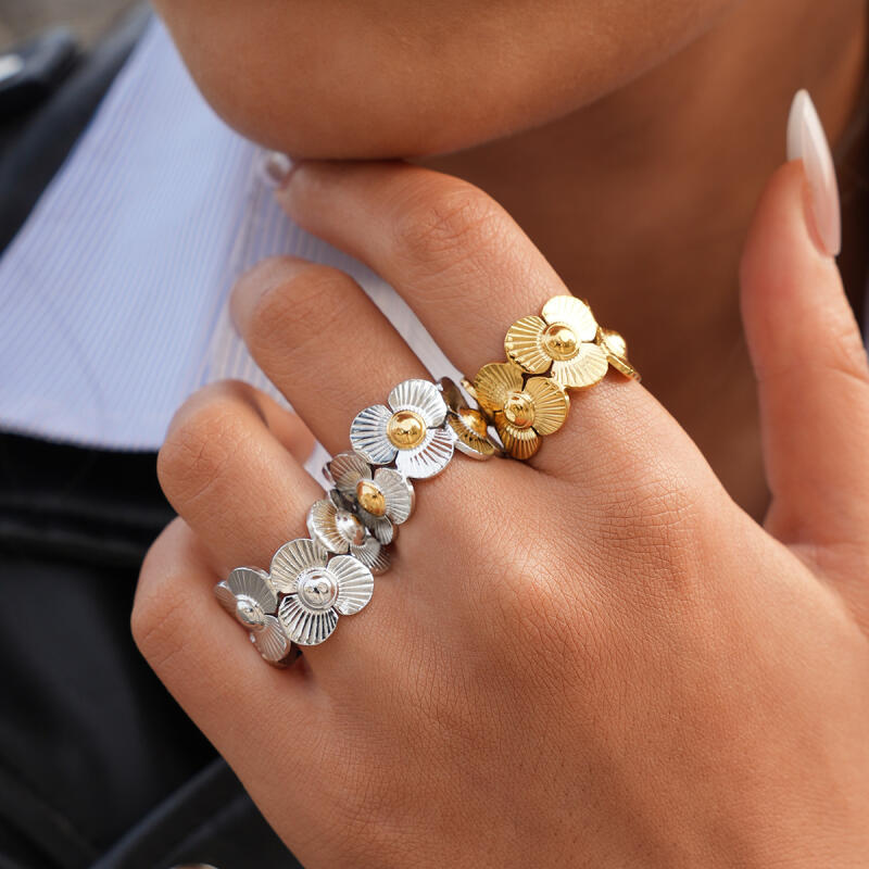 Stainless Steel Splicing Flower Finger Rings for Women Men Classic Texture Wide Chunky Opening Rings Banquet Jewelry Accessories