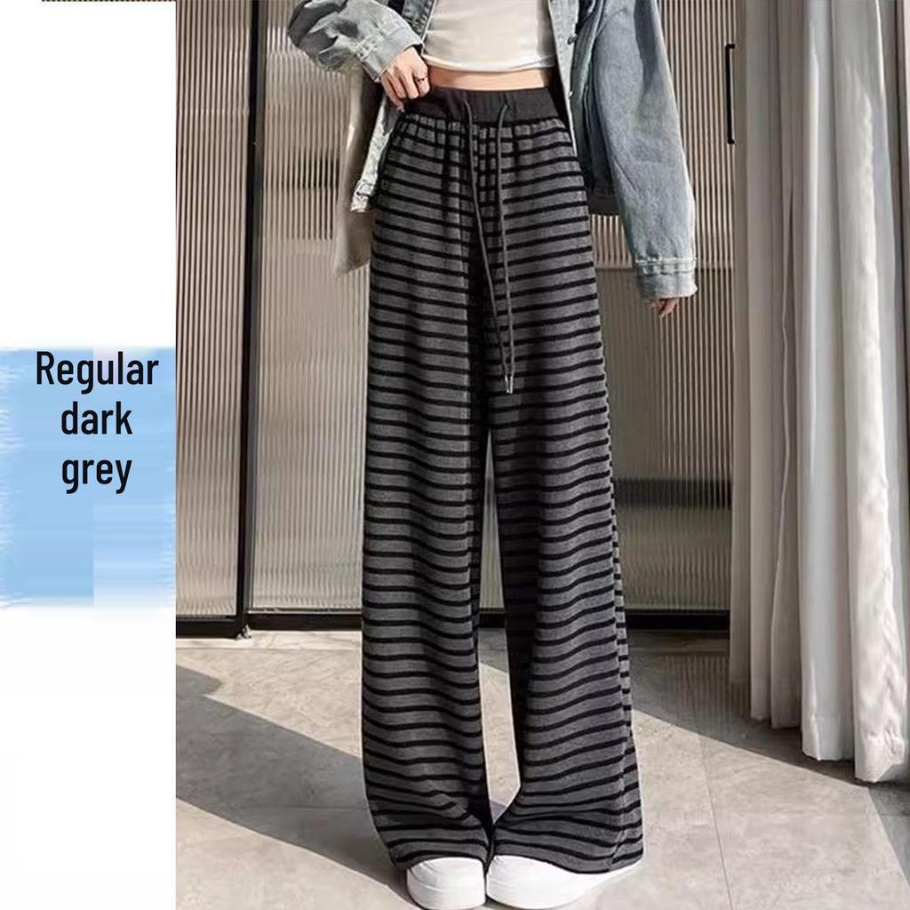 High-Waist Retro Striped Wide-Leg Pants with Drawstring - Women's Casual Floor-Length Knit for Autumn and Spring