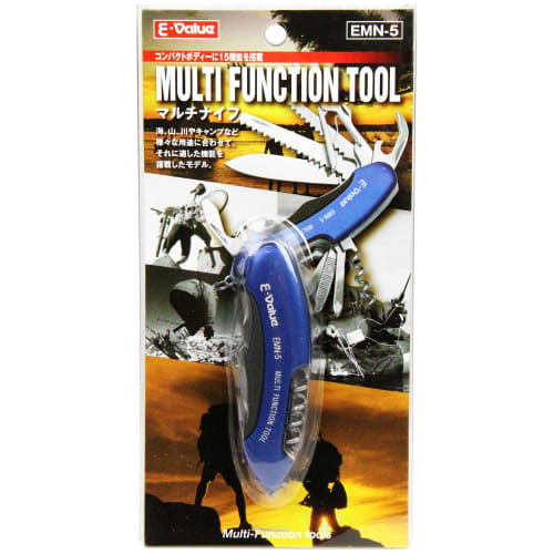 E-Value EMN-5 Blue Multi-Knife with 15 Functions for Outdoor Activities and Camping, Ideal for Work, Carpentry, and Outdoor Use