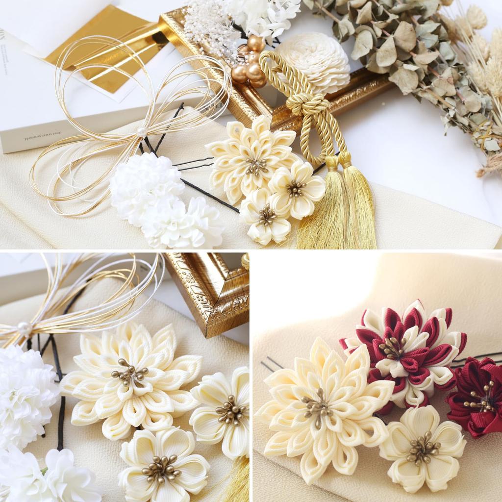 Bud Flower Hair Dried and Gold Perfect for and and Japanese Product Tsumami-Zaiku Ornament, Flowers, Mizuhiki, Leaf, Coming-of-Age Ceremonies,