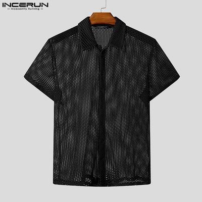 Summer Men Lapel Neck Short Sleeve Hollow Out Beach T-shirts