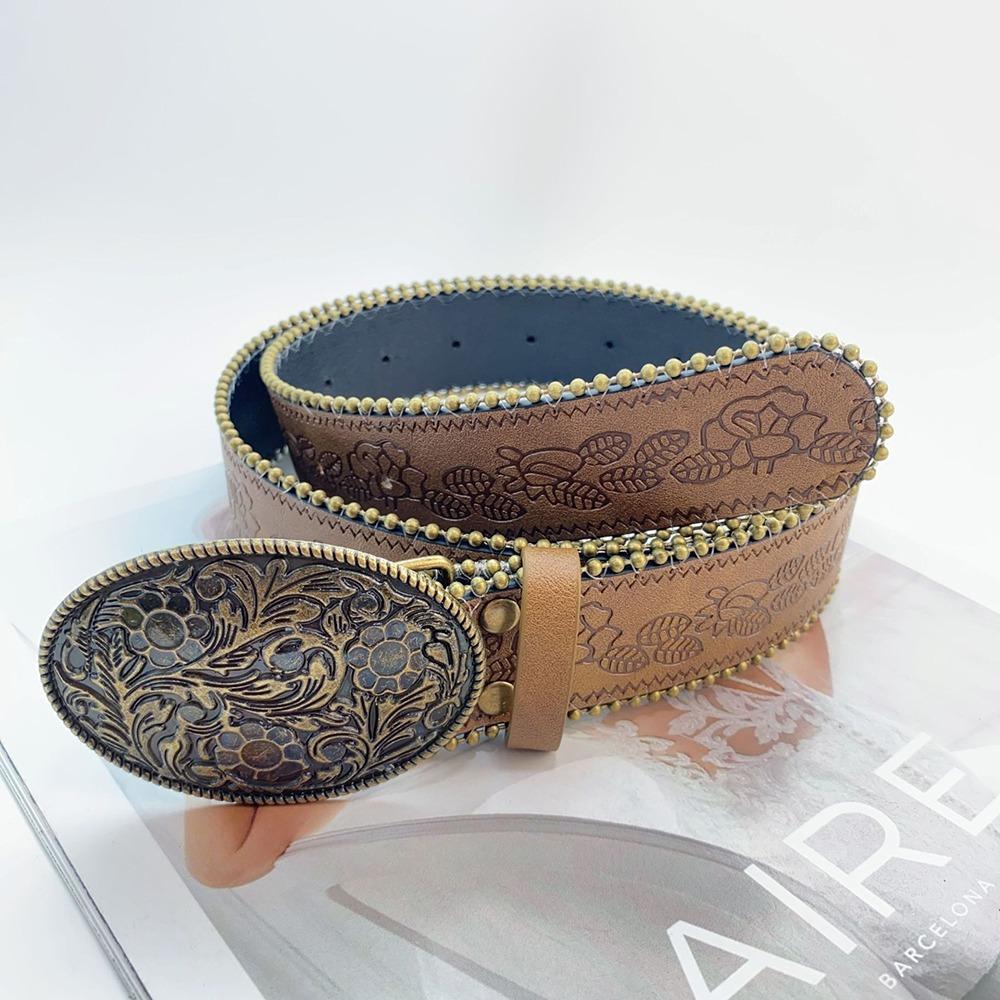 Zinc Zinc Alloy Cowgirl Buckle Belt Vintage Flower PU Hollow Belt Fashion Cowboy Waistband  Dress Decoration