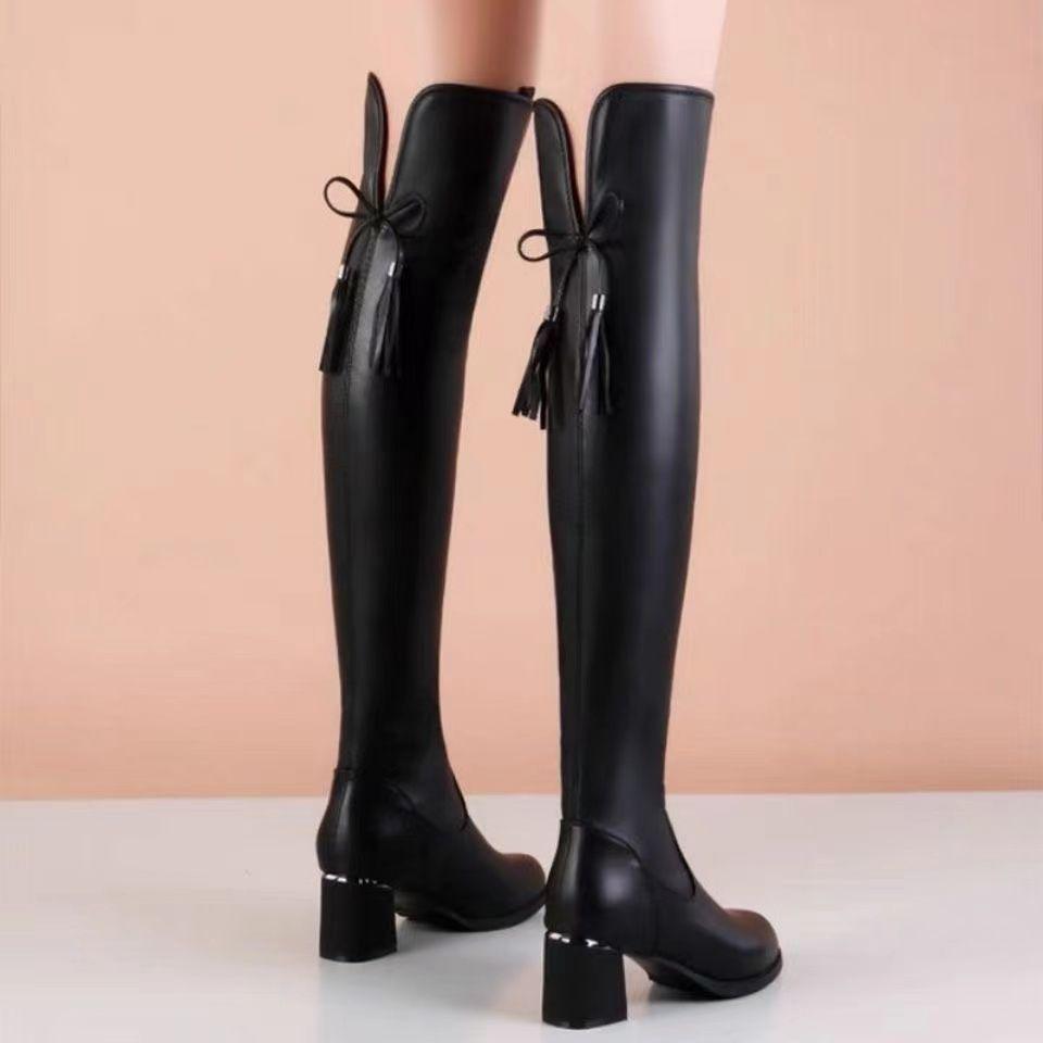 Women's Soft Leather Knee-High Stretch Boots, Fleece-Lined for Autumn/Winter, Fashion Chunky Heel Over-the-Knee Boots