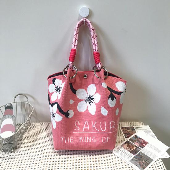 Girls Knitted Handbag Butterfly Flower Bucket Bag Casual Wrist Bag Knitted Purse for Shopping Beach Travel Daily Outings