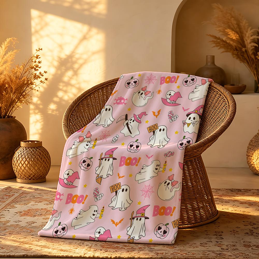 PinkHalloweenGhost Throw Short Plush Throw Blanket Soft Skin-Friendly Multi-Scene Home Office