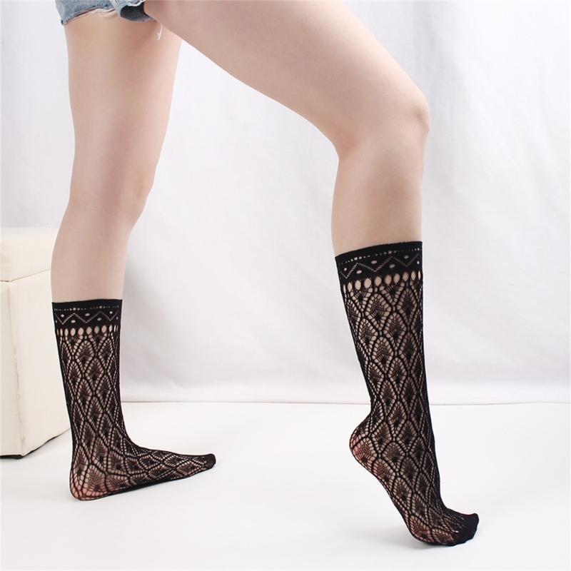 1 Pair Japanese Styles Fishnet Mesh Hollowout Patterned Stockings Breathable Thin Middle Calf Socks for Women and Girls