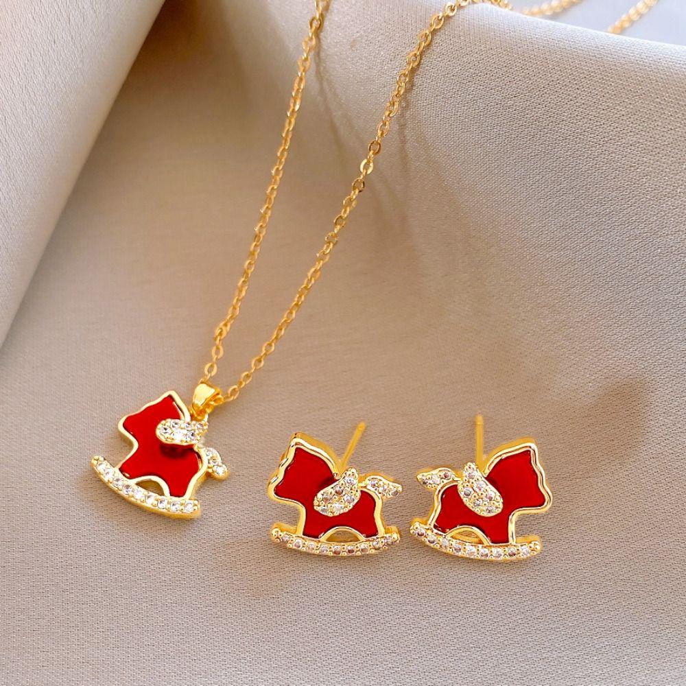 Collarbone Chain New Year Horse Earrings Fashion Jewelry Red Drop Earrings  Wedding