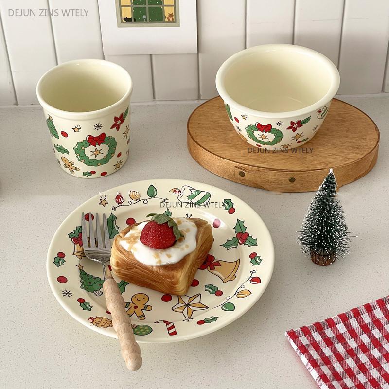 Cute Ceramic Plates Christmas Party Desserts Cake Plates Children's Breakfast Milk Cups Household Kitchen Ceramic Noodle Bowls