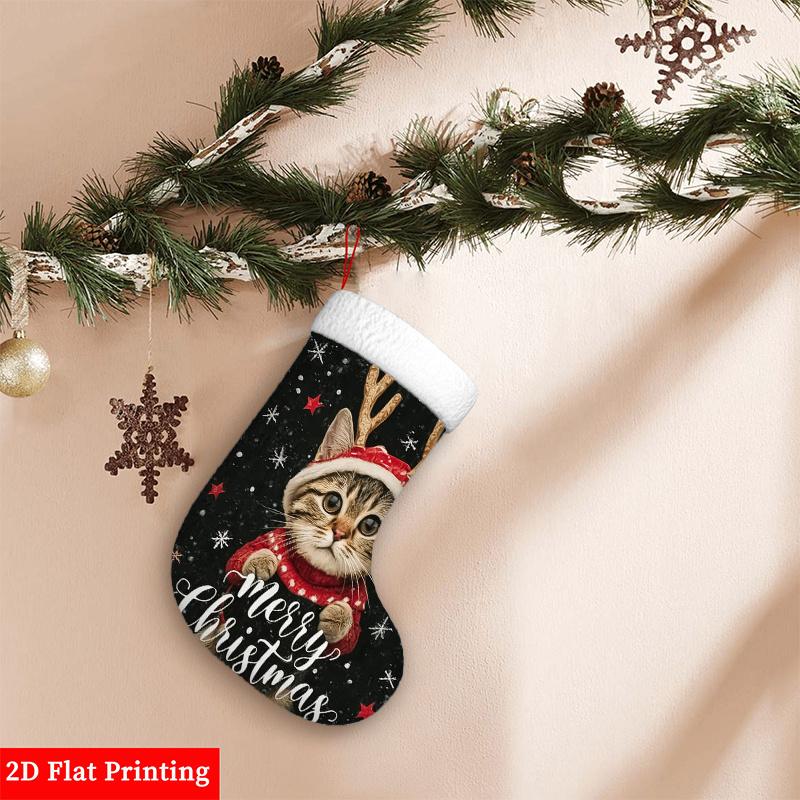 Christmas Decoration Fireplace Hanging Stocking 2D Flat Print Polyester Christmas Stocking with Cute Tabby Cat In Santa