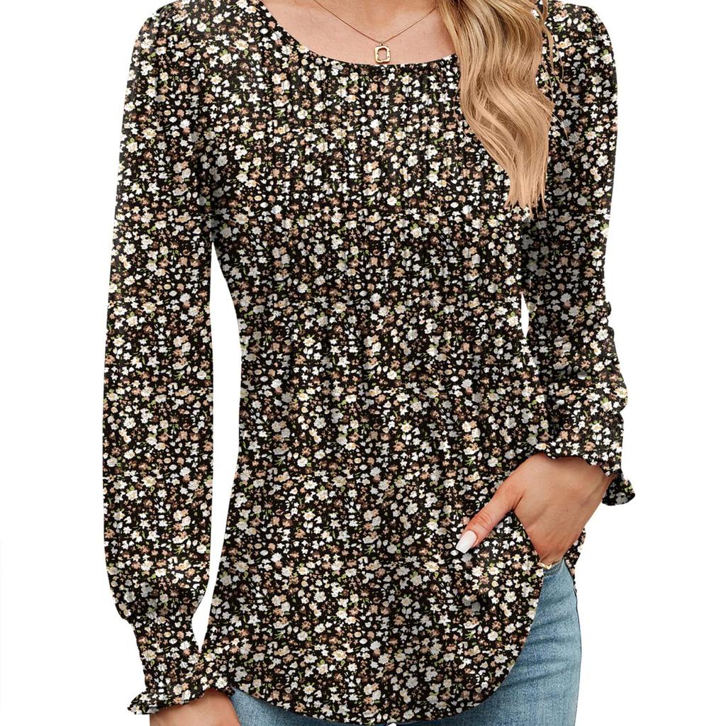 Women's Solid Color Casual Bubble Sleeves, Drawstring Round Neck Long Sleeved Top