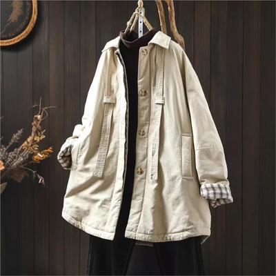 Turn Down Collar Loose Casual Solid Color Coat Woman Winter Retro Long Sleeves Vintage Chinese Style Coat