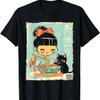 Cute Kawaii Girl In Kimono Eating Ramen with Black Kitten T-Shirt