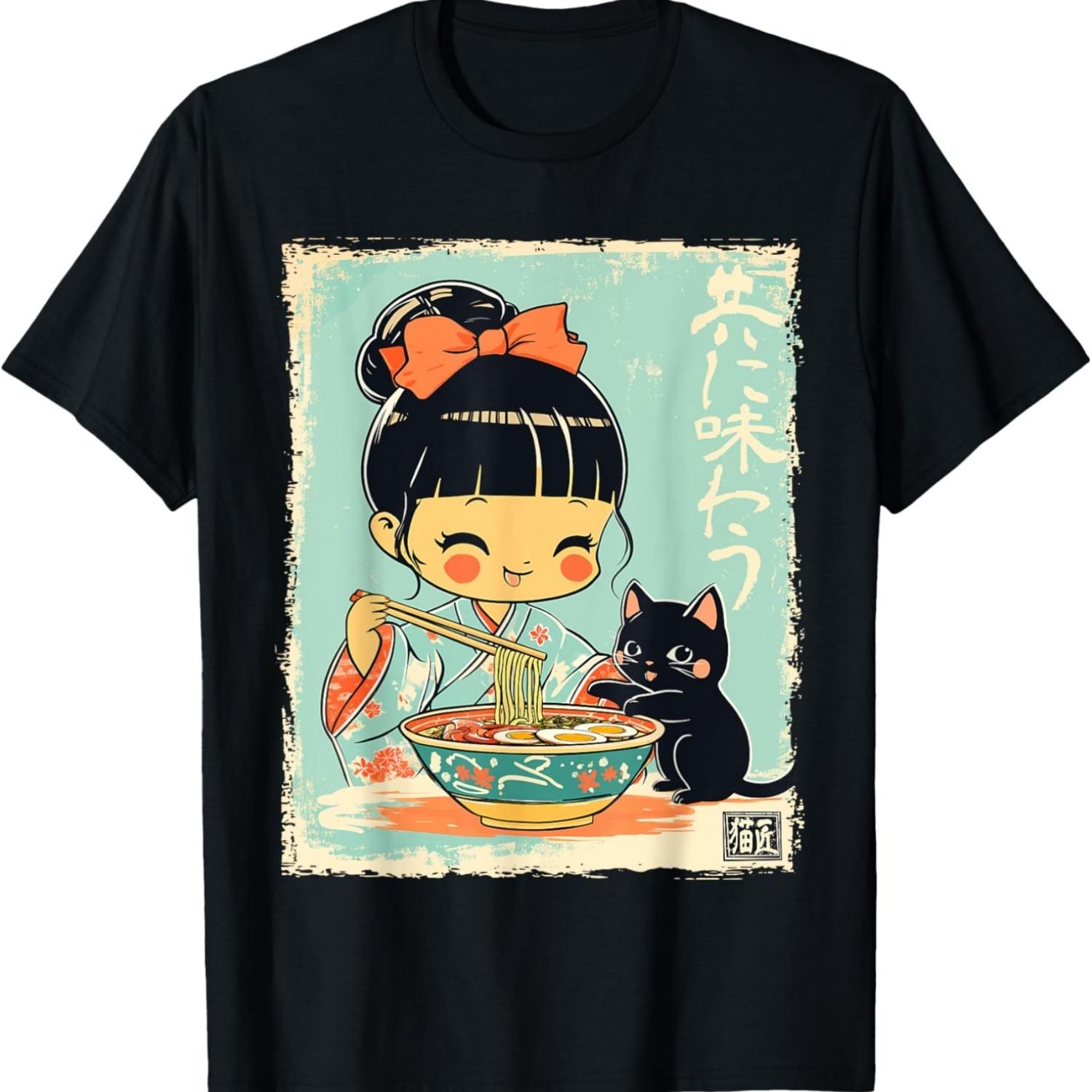 Cute Kawaii Girl in Kimono Eating Ramen with Black Kitten T-Shirt S чёрный