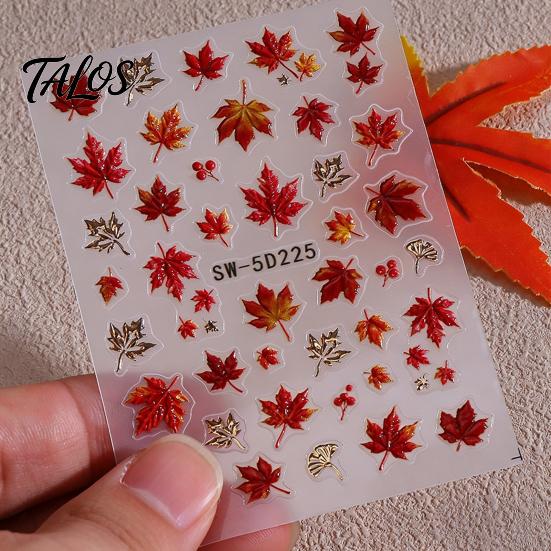 Waterproof Nail Art Stickers Autumn Maple Leaf Stickers, Self-Adhesive Fall Leaves Decals, Decorative Women Embossed Manicure for Home and Salon