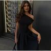 Elegant Pleated Dress For Women Fashion Street Short Sleeve Patchwork Long Dress Casual Office Lady Irregular Neck Robe