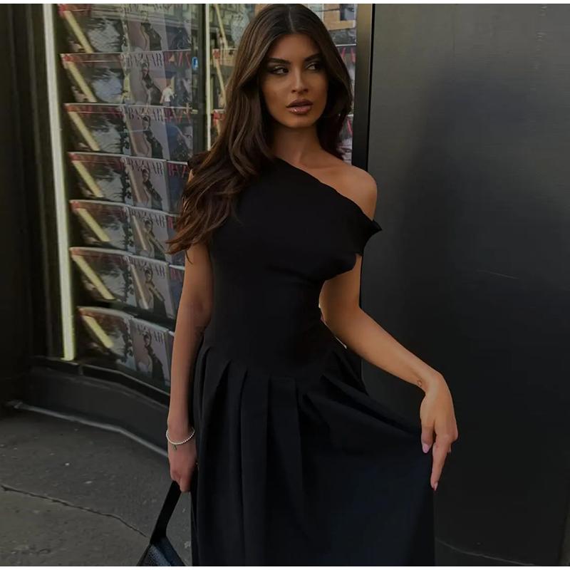 Elegant Pleated Dress For Women Fashion Street Short Sleeve Patchwork Long Dress Casual Office Lady Irregular Neck Robe