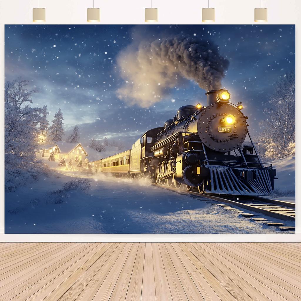 1 Polar Express background banner - Retro steam locomotive in snowy winter, falling snowflakes, Christmas, wedding, birthday
