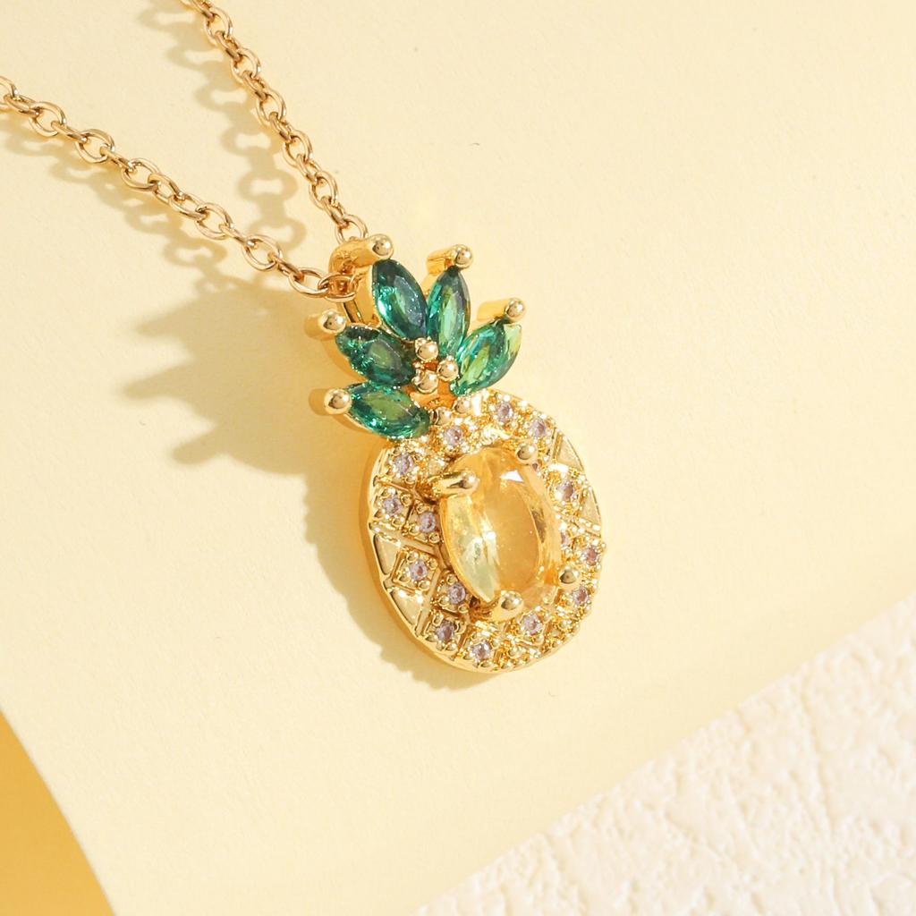 Collier Femme Pierre Fanta Diamant Jaune Ananas Créatif Fruit Diamant Vert Boucles d'Oreilles Puces Ensemble Bague Ouverte Accessoires