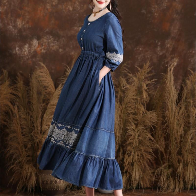 Johnature Summer Women O-Neck Elasticated Waistband Dress Vintage Embroidery Three Quarter Cowboy Dress