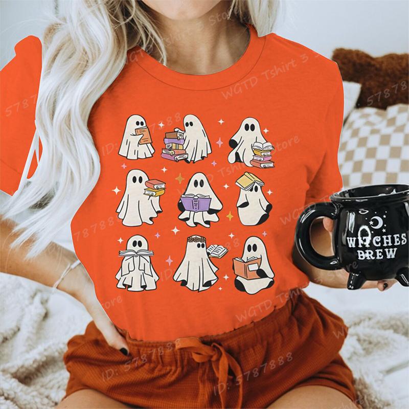 Funny Halloween Skeleton  Pumpkin Letter Print Tshirts Trendy Casual Short Sleeve Crew Neck Tees Tops Womens Clothing