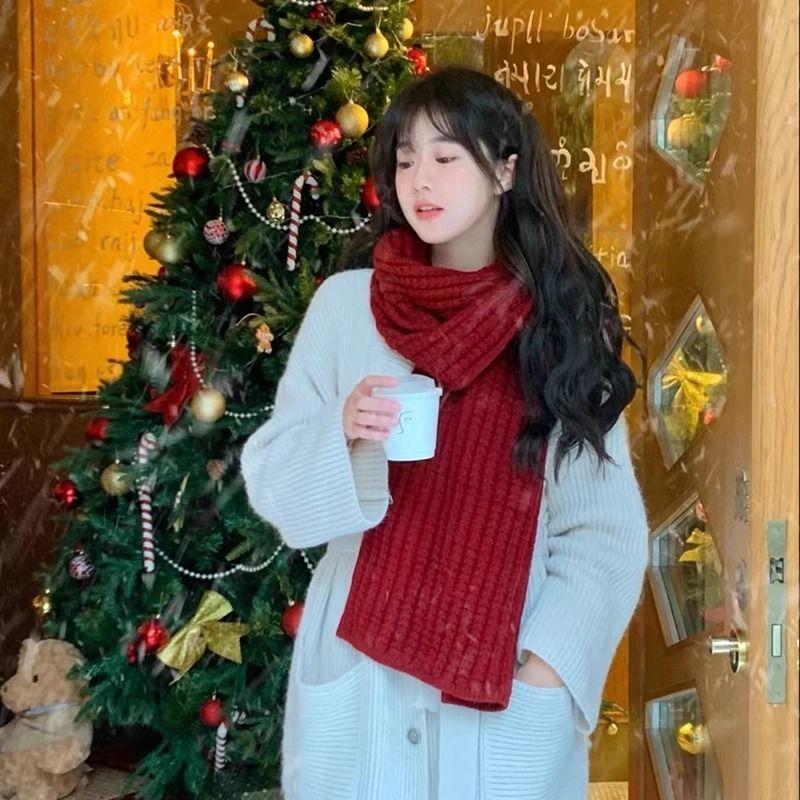 Winter Women's Versatile Korean Style Knitted Wool Red Scarf High-end Christmas Gift Couple Neck Warmer