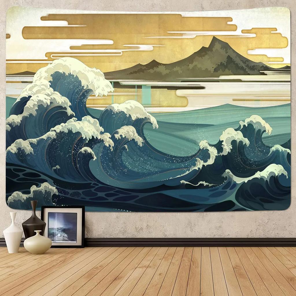 Große Meereswelle Wandteppich Asiatischer Anime Berg Rote Sonne Kirschblüte Wandteppich Zuhause Wohnzimmer Schlafzimmer Wand Moderne Kunst Wandteppiche