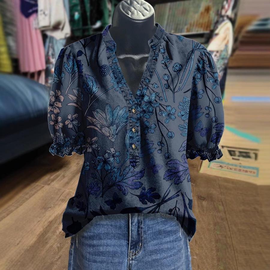 Women S Summer Casual Loose V Neck Petal Sleeve Printed Shirt S