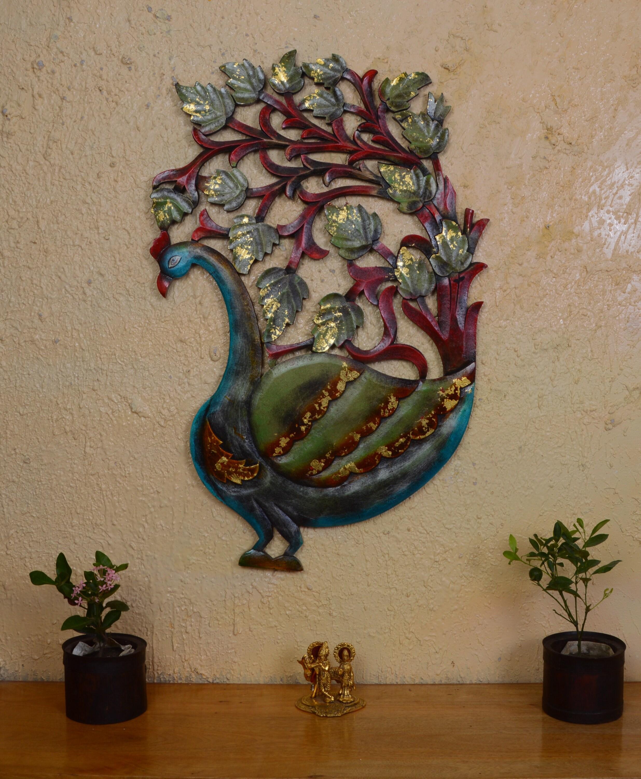 

Hand Carved Wooden Peacock Wall Panel: Indian Festival Decor 16” X 8” X 24” (l x w x h) разноцветный