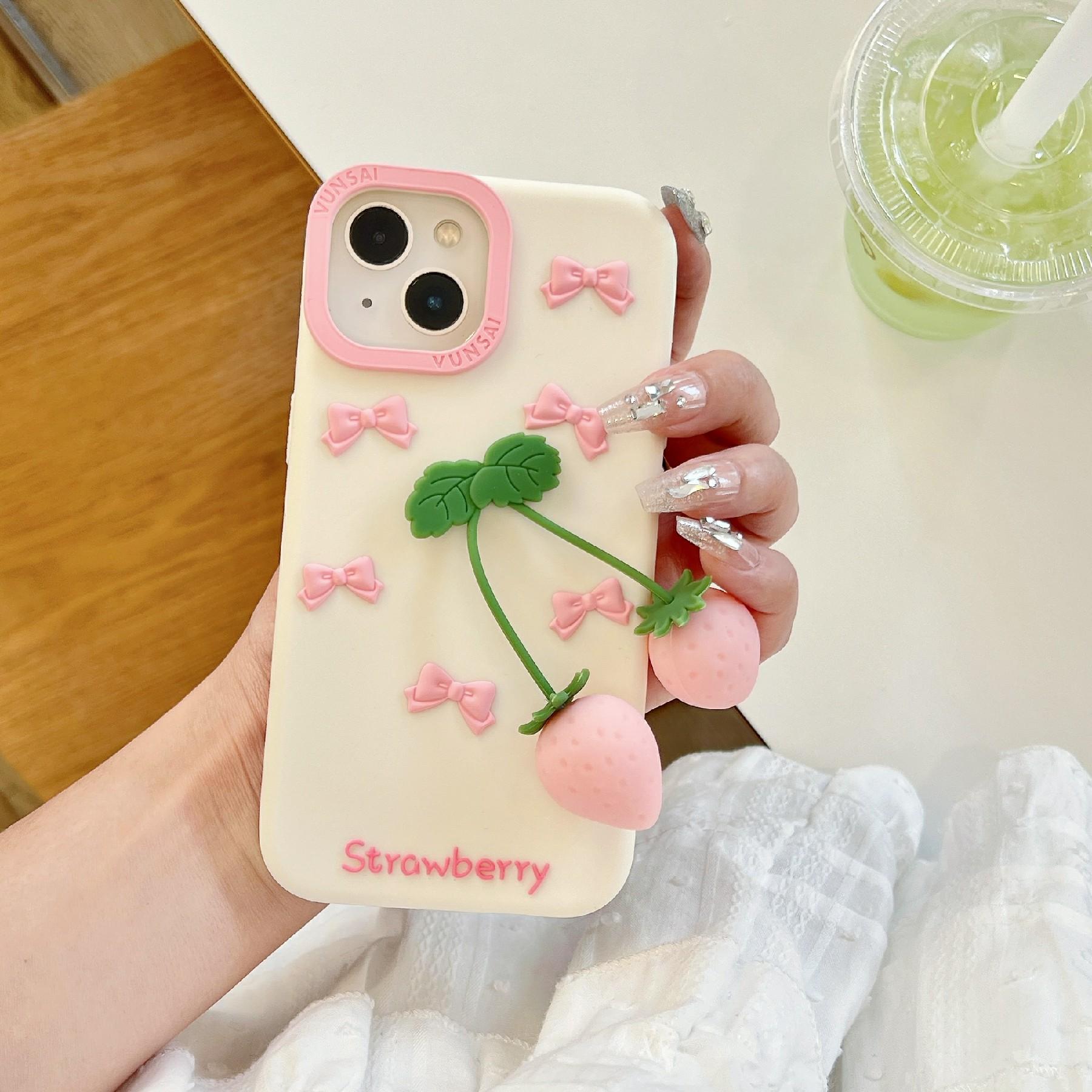 

For iPhone 15 Silicone Case Cute Pendant Strawberry Design Shockproof Durable Phone Cover As Shown A