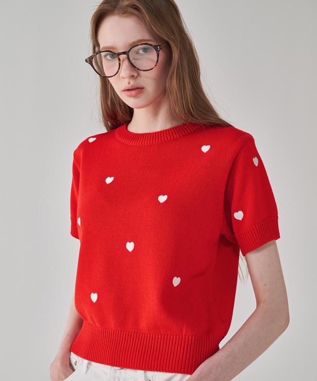 RONRON Heart Pattern Short Sleeve Knit Red