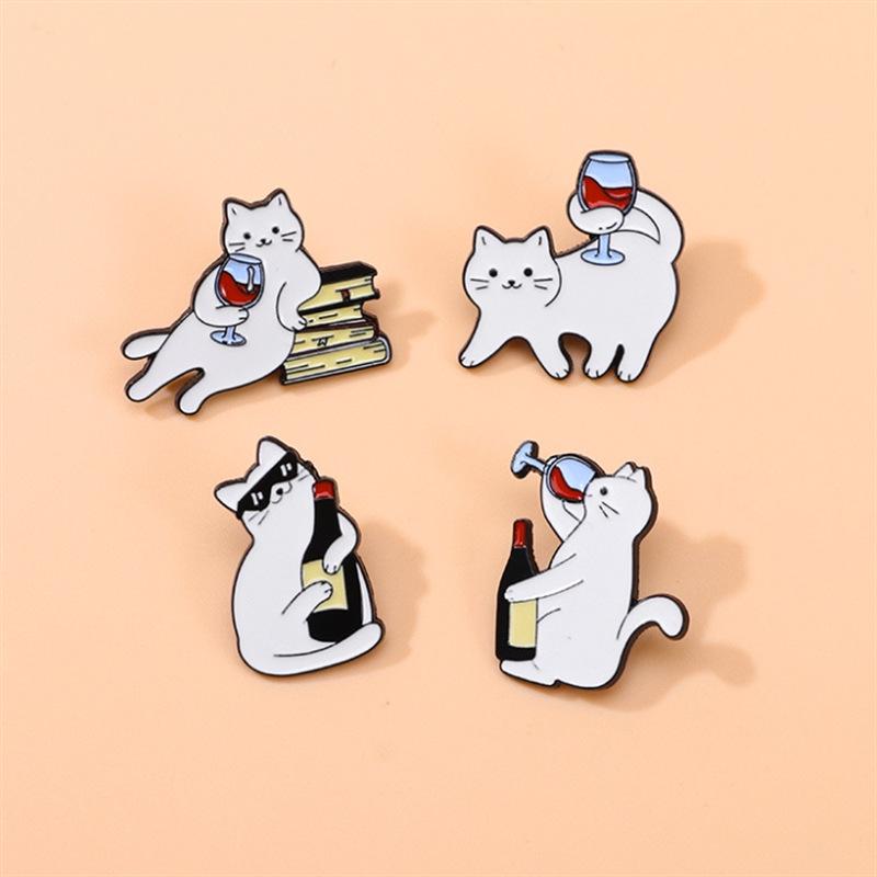 Adorable Kitten Red Wine Bottle & Glass Brooch - Enamel Pin Badge