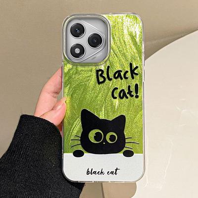 Green Cartoon Black Cat Camlet Texture Phone Case for Honor 400 200 Pro Magic7 6 5 Lite X9a X9c X8b X8a X8c Silicone Shell Cover