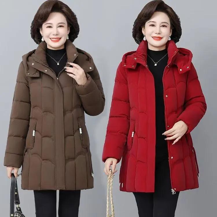 Women's Winter Thickened Hooded Parkas Quilted Long Pockets Middle Aged Female Overcoat