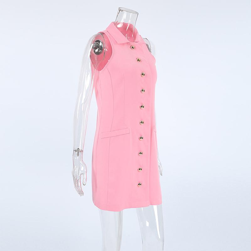 Damen Elegant Einreihiges Kleid Damen Slim Einfarbig Ärmellos Umlegekragen Mini Kleider Weiblich Sommer Mode Damenkleid