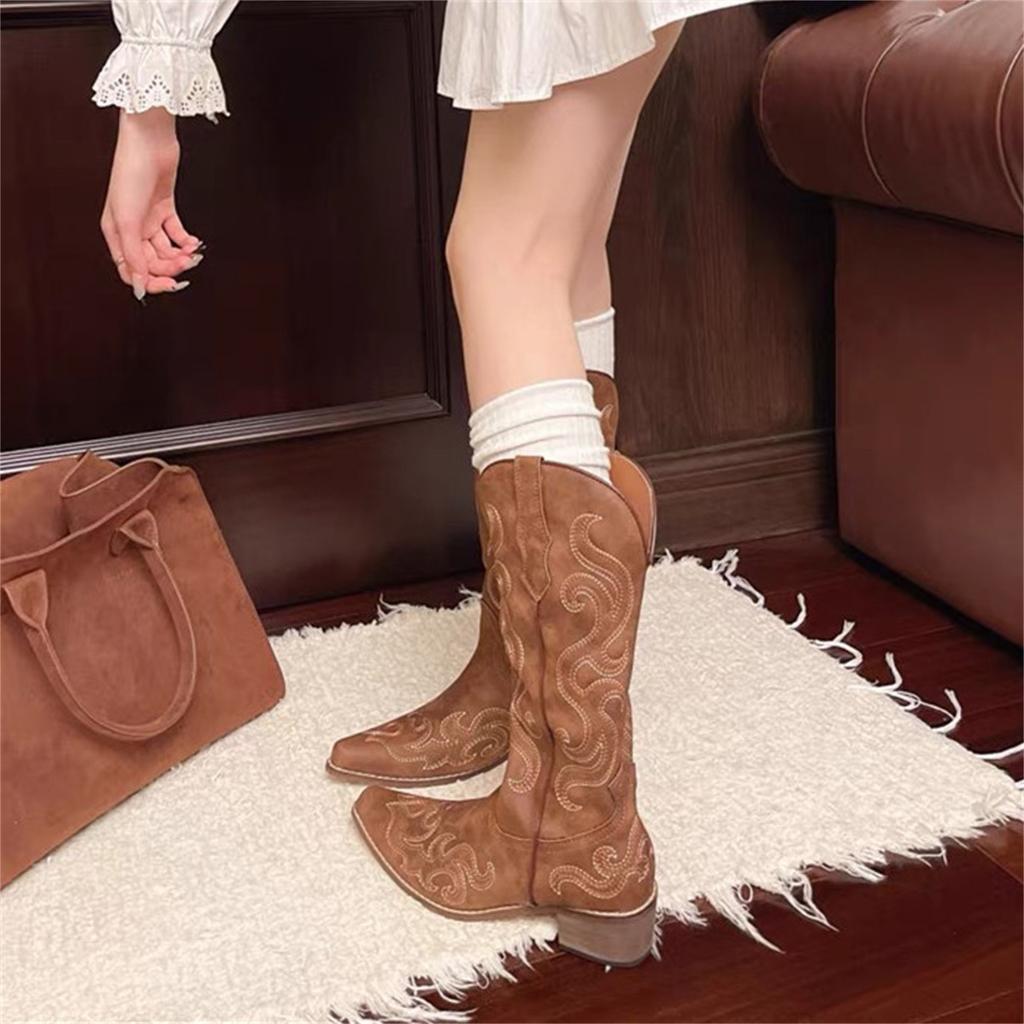 Maillard Boots Boots Women's 2025 New Knight Boots Retro Embroidered V-mouth Western Cowboy Boots