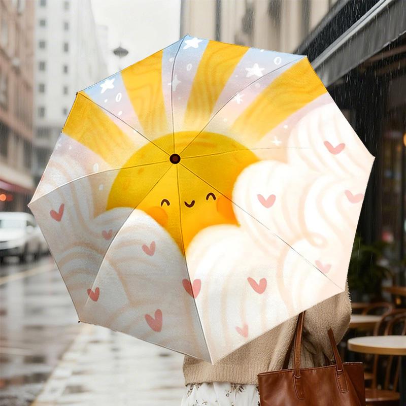 1pc Sunshine Clouds Automatic Folding Umbrella 8 Rib Iron Frame,  Suitable for Travel, Daily Use, Birthday, Women & Men Gift