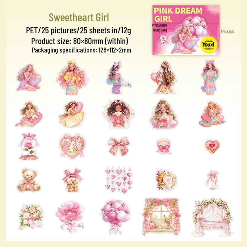 

Pink Dream Girl PET Sticker Pack: 4 Unique Pink Character Designs, 25 Sheets Included