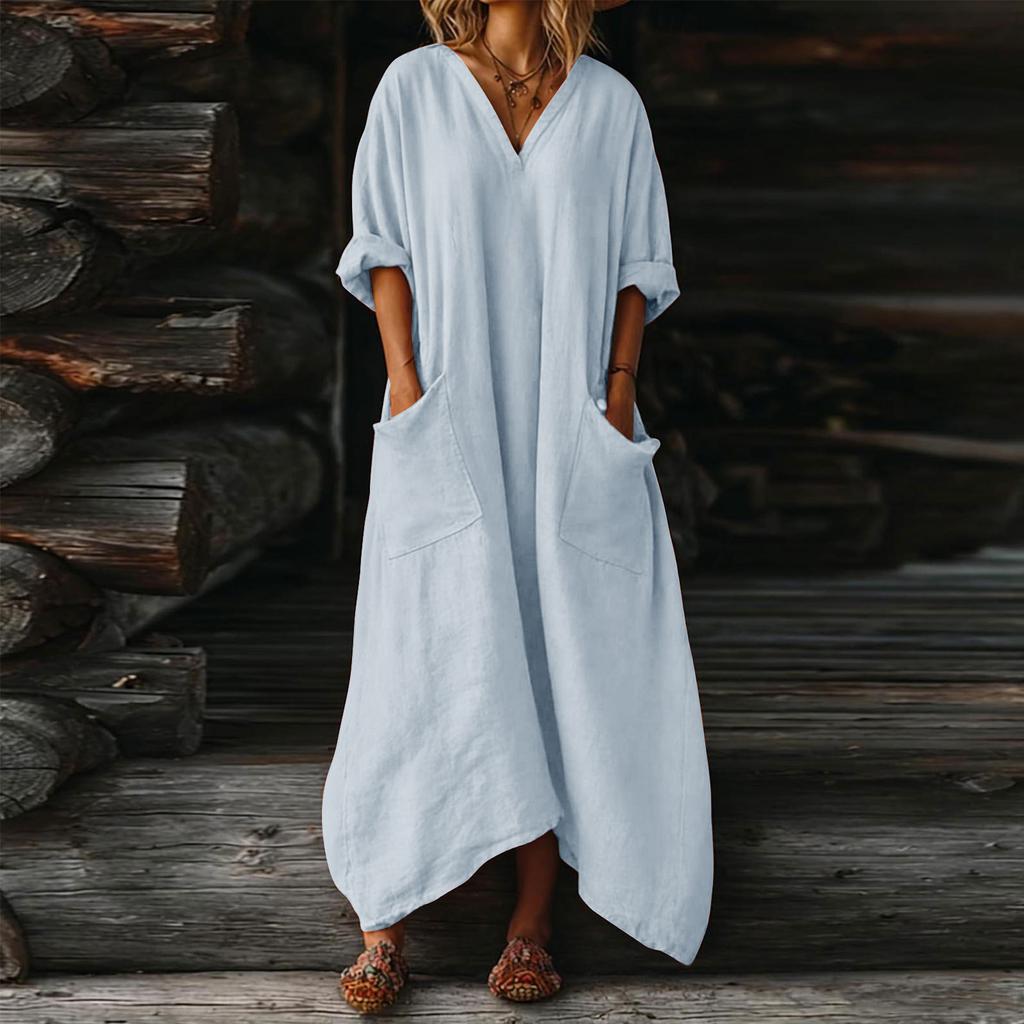 Women's V-neck Long Dress With Pockets