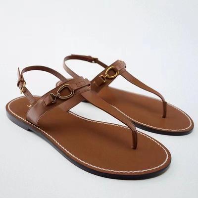 2025 Summer New Foreign Trade Versatile Vacation Flat Sandals Brown Roman Sandals Za Toe Flip-flops Women
