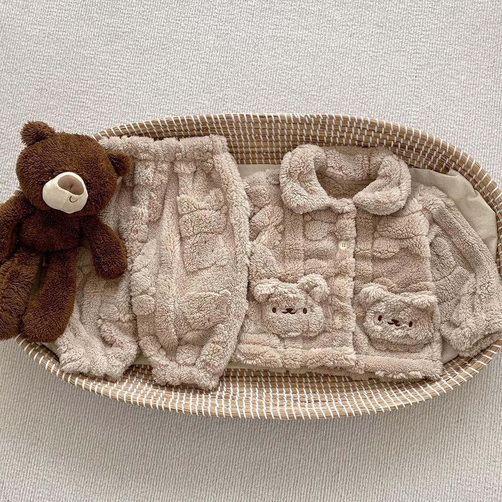 Cute Bear Plush Baby Pajama Set Winter Fleece Kids Homewear Two Piece Suit Soft Warm Children Sleepwear