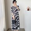 Miyake Geometric Print Women's Pleated Dress with Waist-Cinch and Three-Quarter Sleeves – Elegant and Slimming Design