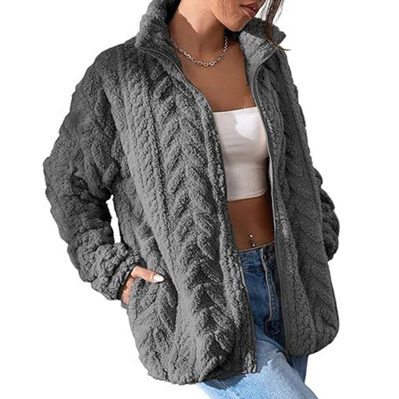 

Жіночі Модні Теплі Плюшеві Пальта Осінь Зима Блискавка Однотонна Пухнаста Флісова Куртка Повсякденна Стійка Комір Товстий Верхній Одяг S сірий колір