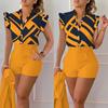 2 st/set Dam Top Shorts Set Blomma utskrift Bälte Hög midja Ärmlös rynkning Dress-up OL Style Tight midja Damkostym