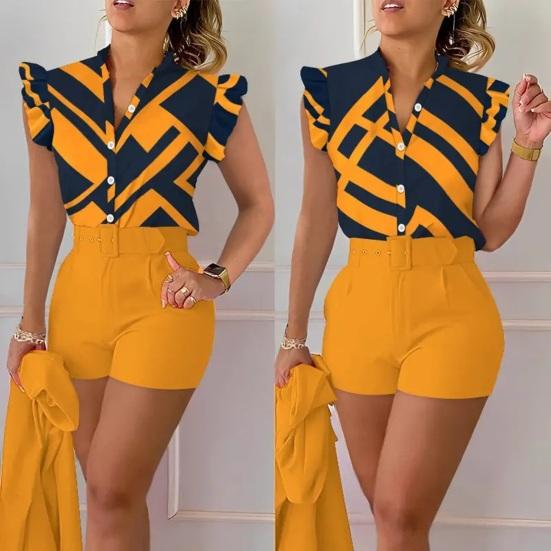 2 st/set Dam Top Shorts Set Blomma utskrift Bälte Hög midja Ärmlös rynkning Dress-up OL Style Tight midja Damkostym