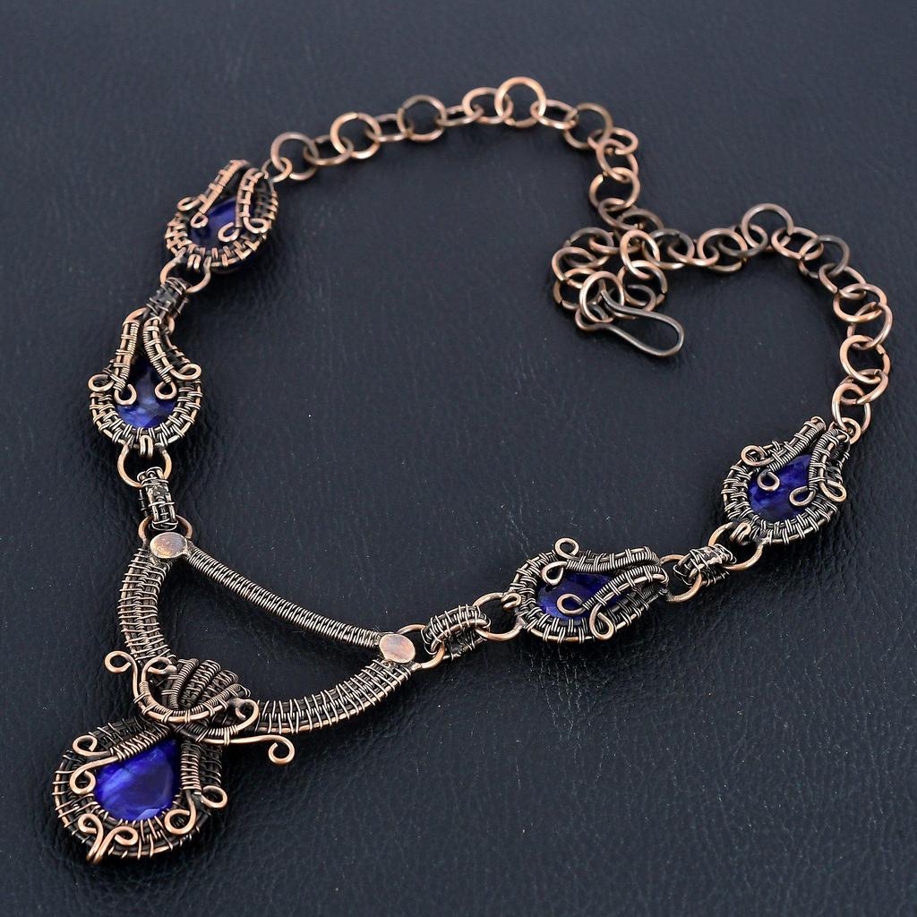 Blue Sapphire Necklace, Handmade Gemstone Necklace, 999 Copper Wire Wrapped Necklace Antique Jewelry, For Engagement Gift