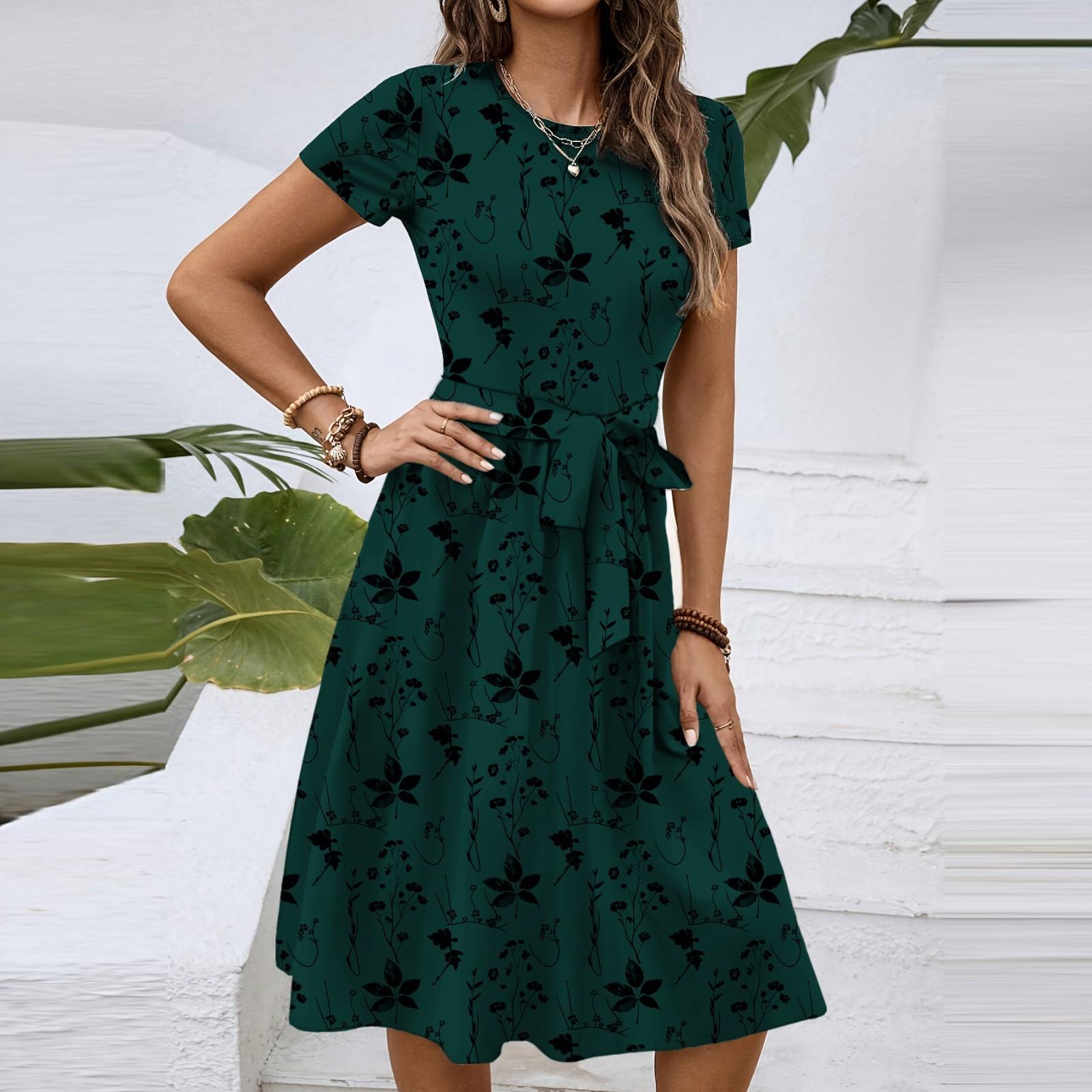 

Женское модное платье-пуловер с круглым вырезом и принтом, свободным коротким рукавом и карманом M зелёный